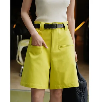 Amarelo Grande Perna Shorts de Verão Nova-coreano Simples Street 3D Casual Meio Calças Soltas Silhueta Slim 5/4 Calças Para as Mulheres