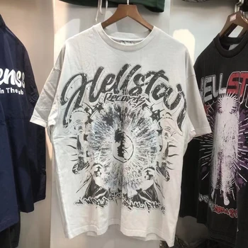 2023 Hellstar Camisetas Vintage Quebrado Buraco de Manga Curta Hellstar Letra Imprimir Solta manga Curta Homens Mulheres Casual T-shirt