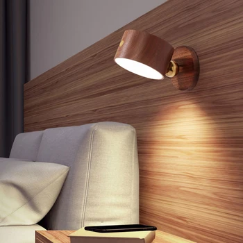 Nordic madeira recarregável lâmpada de parede sem perfuração móveis quarto de cabeceira na parede do fundo magnético absorção de LED, lâmpada de parede