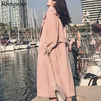 X-longo Misturas Coats Mulheres de Roupas Lace-up Entalhado Elegante Gentil Estética Temperamento Senhoras coreano Elegantes de Inverno Minimalista e Aconchegante