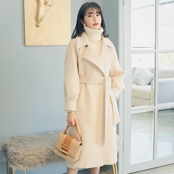 X-longo Misturas Coats Mulheres de Roupas Lace-up Entalhado Elegante Gentil Estética Temperamento Senhoras coreano Elegantes de Inverno Minimalista e Aconchegante