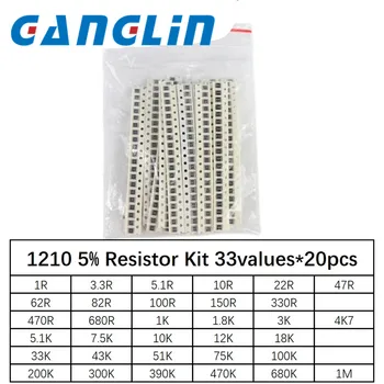 Kit surtido de resistencias SMD 1210, 1ohm-1M ohms, 5% 33valuesX 20 piezas = 660 piezas, Kit de bricolaje