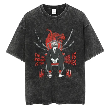 Anime Hunter x Hunter Gráfico T-Shirt de grandes dimensões Homens T-Shirt de Algodão Hip Hop Solta Tops, Camisetas Retrô Vintage Lavado Preto Tshirt