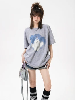 Desenho Animado Japonês T-Shirts Letra Impressa O Pescoço Meia Manga Casual Solta Tops Tees De Verão Preguiçoso Estilo Doce Simples Mulheres De Roupas