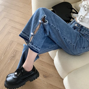 2022 Nova Chegada do Verão Estilo coreano Mulheres Solto e Casual Algodão Denim do Tornozelo-comprimento de Calças Botão de Voar Cintura da calça Jeans Reta V683