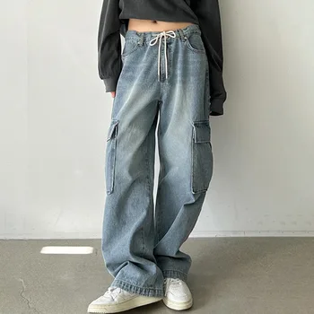 Vintage Y2k Bolso de Calças Cargo Impressão de Jeans para Mulheres Moda Chique Perna Reta Jeans Calças Harajuke Chique Fundos de Calças