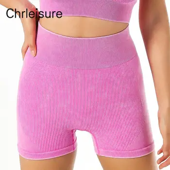 CHRLEISURE Mulheres Shorts de Fitness Lavado sem costura Elástica Esportes Curto Calças Slim Cintura Alta Treino de Ginásio Shorts Mulheres