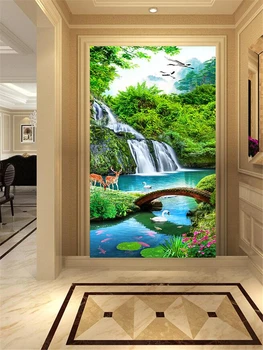 Papel de parede personalizado 3d mural paisagem de flores e de aves cachoeira pórtico PLANO de fundo de parede de sala de estar, corredor de decoração