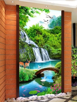 Papel de parede personalizado 3d mural paisagem de flores e de aves cachoeira pórtico PLANO de fundo de parede de sala de estar, corredor de decoração