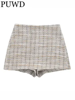 PUWD Mulheres da Moda Cáqui Textura Mini Shorts, Saias 2023 Verão Vintage Cintura Alta Lateral do Zíper Feminino Inferiores de Mulher