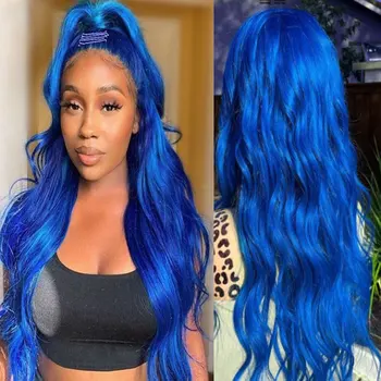 Azul Cabelo Sintético 13*3,5 Polegadas Lace Front Wig Glueless De Alta Qualidade Da Onda Solta Resistentes Ao Calor, A Fibra Pré-Arrancado Perucas Para As Mulheres