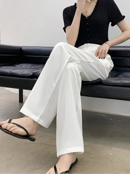 O verão das Mulheres Calças Retas Oversize Solto e Casual Cintura Alta Office Branca de Cetim de Seda de Perna Larga Calças para as Mulheres