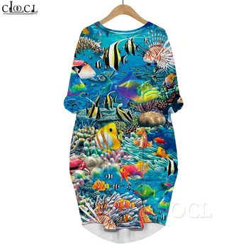 CLOOCL Nova Moda das Mulheres Vestido de Livre Peixes de águas Profundas Padrão 3D Impresso Filha Saia Casual Manga Longa Vestido das Mulheres de Roupas