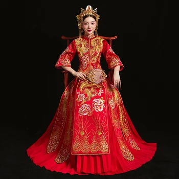 Vermelho noiva cheongsam Vintage estilo chinês de casamento vestido de noite de vestuário, Bordados Phoenix traje Qipao Vestidos Tamanho S-XXXL
