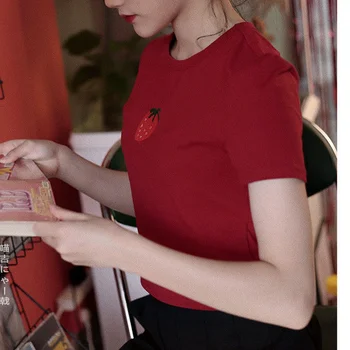 Algodão T-shirts Mulheres Crop Top Vermelho-Morango bordado Fino Verão-jogo de Moda Y2k Estética Sexy Diário Retro Túnica Macia
