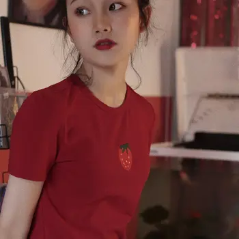 Algodão T-shirts Mulheres Crop Top Vermelho-Morango bordado Fino Verão-jogo de Moda Y2k Estética Sexy Diário Retro Túnica Macia