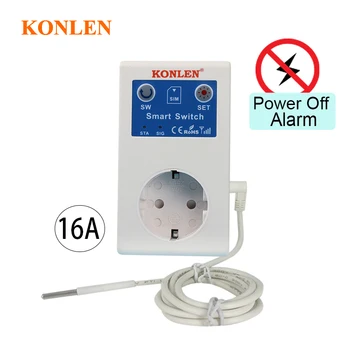 KONLEN 16A GSM Tomada SMS Power Em Off de Alarme Saída de Relé Inteligente Interruptor de Controle Remoto Inteligente, Sensor de Temperatura Controlador de