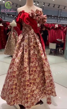 SSYFashion Nova Flor Vermelha Vestido de Noite para Mulheres Banquetes Elegantes Jacquard Tecer Uma linha de Festa Formal Vestidos de Vestido De Festa