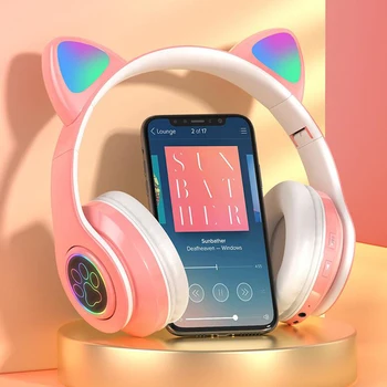 Gato bonito de Ouvido Fones de ouvido Bluetooth Flash de Luz LED Estéreo Dobrável Fones de ouvido sem Fio Com Microfone TF FM Para Crianças de Criança Menina Presentes