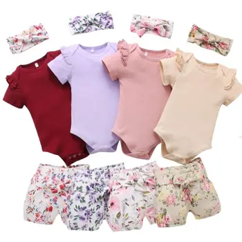 0-18 Meses Menina Roupas de Verão Recém-nascido 3Pcs Plissado Romper Body+Shorts Floral+Cabeça de Bebês Roupas de Criança Roupas