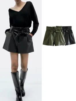 KJMYYX 2023 Mulher de Verão Temperamento Elegante Mini Shorts da Moda Feminina Sexy Correia Sólido de Alta Cintura Solta Shorts de Couro