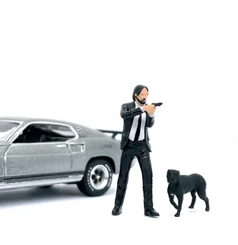 Escala 1/64 Modelo de John Wick com a arma E o Cão Fundido de Liga de Carro Estático Figuras Diorama Miniatura de Cena Coleção para o layout