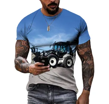 Caminhão da engenharia de Escavadeira Verão Personalidade T-shirt 3D-impressa em Tamanho Grande Manga Curta Bulldozer Trator O Colarinho da Camisa 2023