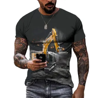 Caminhão da engenharia de Escavadeira Verão Personalidade T-shirt 3D-impressa em Tamanho Grande Manga Curta Bulldozer Trator O Colarinho da Camisa 2023