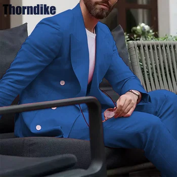 Thorndike Homens Jaqueta de Terno & Vest & Calças Conjunto de Blazer Azul para os Homens Formal Bussiness Casamento Terno Slim Fit Double Breasted Terno