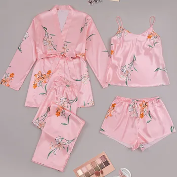 Alta Qualidade de Mulheres Pijama de Cetim de 4 peças de Conjunto cor-de-Rosa da Flor de Impressão Pijamas de Lazer, Casa, Roupas Funda Superior Túnica E Calça