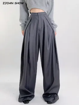 2023 Primavera Y2K Vintage Cinza Frontal, Ruched Cintura Alta Wide Leg Pants Mulheres Solta coreano Calças de Comprimento Total Inferior