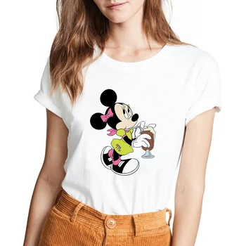 Disney Elegante De Minnie Mouse Cos Tinker Bell Cartoon Imprimir O-Pescoço Camisola De Manga Curta Harajuku T-Shirt Solta Tops Dropship