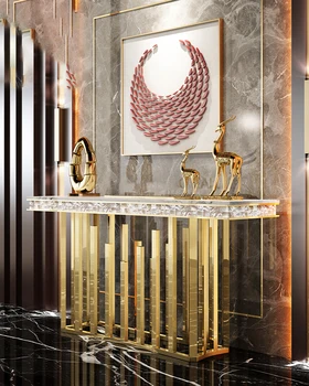 Luz de luxo pós-moderna, simples alpendre com mesa de ferro de arte, sala de mármore ouro varanda tabela Nórdicos, parede divisória