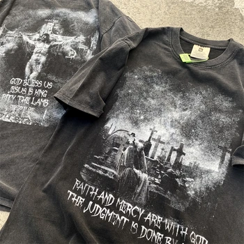 Novo Estilo Vintage Jesus T-Shirt Homens Mulheres de Alta Qualidade Lavado Verão camisetas Oversized Tops Tee de Atacado de Roupas