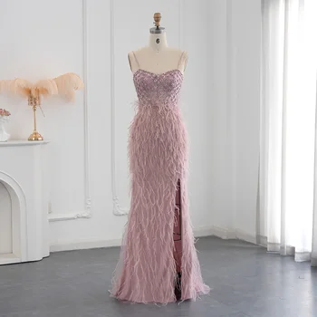 Sharon Disse Luxo Penas cor-de-Rosa Sereia Vestido de Noite 2023 Cintas de Espaguete Fenda Lateral, Longos Vestidos de Baile para as Mulheres de Casamento SS125