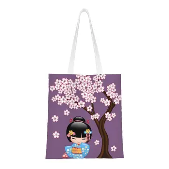 Boneca Kokeshi Supermercado Sacola De Compras, Sacola De Mulheres De Moda Japonês Sakura Flor De Cerejeira Lona Ombro Shopper Bag Bolsa