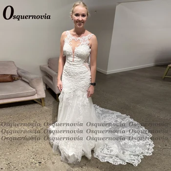 Osquernovia Fabuloso Sereia Vestidos de Noiva para Mulheres Um Pescoço Apliques sem encosto Tribunal de Trem Robe De Soirée De Mariage
