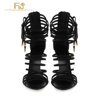 Black Lace-Up Sandálias Open-Toe Sexy de salto alto Sapatos de Camurça Sapatos femininos Tamanho Grande 15 16