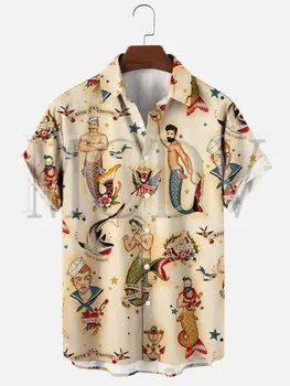Homens Para as Mulheres do Vintage Sereia de Impressão Casual Respirável Manga Curta Camisa Havaiana Camisetas de Verão