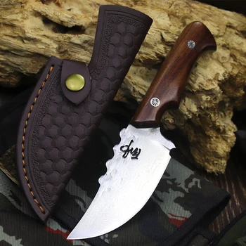 Aço damasco sobrevivência faca de auto-defesa portátil pequeno reta faca camping selvagem mão bife de carne de faca com estojo