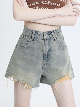 FTLZZ Verão as Mulheres do Vintage Irregulares de Perna Larga Shorts Jeans Senhora de Moda Casual Cintura Alta Shorts de Cor Sólida