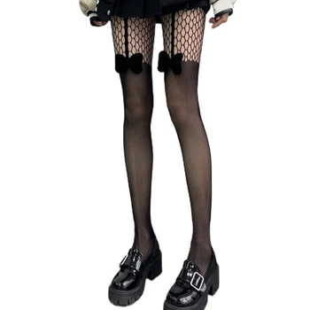 As mulheres Japonesas Gótico meia-Calça Arrastão Falso cinta-Liga Suspenser de Malha Calça Doce 3D Bowknot Ver drop shipping