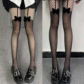 As mulheres Japonesas Gótico meia-Calça Arrastão Falso cinta-Liga Suspenser de Malha Calça Doce 3D Bowknot Ver drop shipping