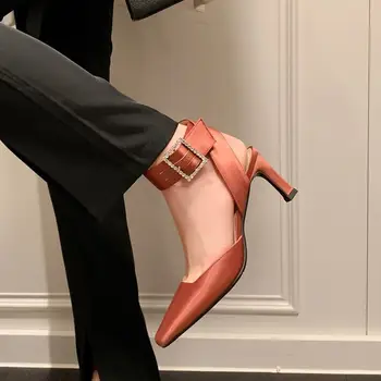 2023 Nova Chegada De Seda + Palmilha De Couro Genuíno De Alta Calcanhar Sapatos De Verão Fresco Moda Sexy Rua Exterior Sandálias Das Mulheres