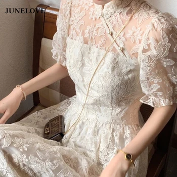 Laço Elegante Vestido Floral Mulheres Bordado Francês Vintage Cheongsam Midi Vestido De Verão Casual, Festa De Princesa Vestido De Fada 2021