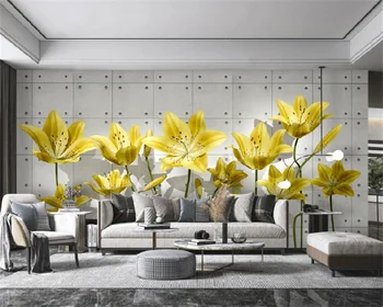 Papel de parede personalizado 3d cimento, gesso golden lily high-end sala de estar, quarto, na parede do fundo flor dourada mural papier peint