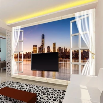 Beibehang papel de Parede Personalizado Foto 3D murais Janela de Nova Iorque, Visão Noturna Sala de estar, Quarto, sofá plano de Fundo do papel de Parede 3d mural