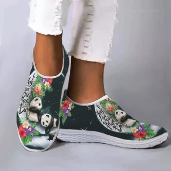 חמוד פנדה דפוס היביסקוס פרח עיצוב רשת נעלי אישה אור רשת עצלן נעלי לנערות Zapatos Mujer