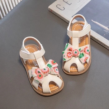 Sandálias de meninas de Flor Imprime Arco Peep-toe Crianças de Moda Casual Sapatos 2023 Verão Novo Gancho & Loop Sapatos de Crianças Breatheable Bonito