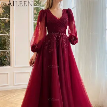 Aileen de Luxo turco Vestidos de Noite para as Mulheres Elegantes Vestidos de Festa para Casamento Longo de Uma linha-Vestido das Mulheres Mangas Puff Vermelho